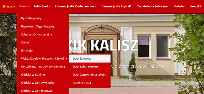 Strona internetowa dla RCKiK Kalisz (Regionalne Centrum Krwiodawstwa i Krwiolecznictwa w Kaliszu)